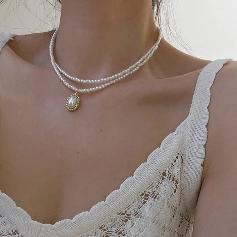 Layered Pearl Thick Chains Pendant Necklace