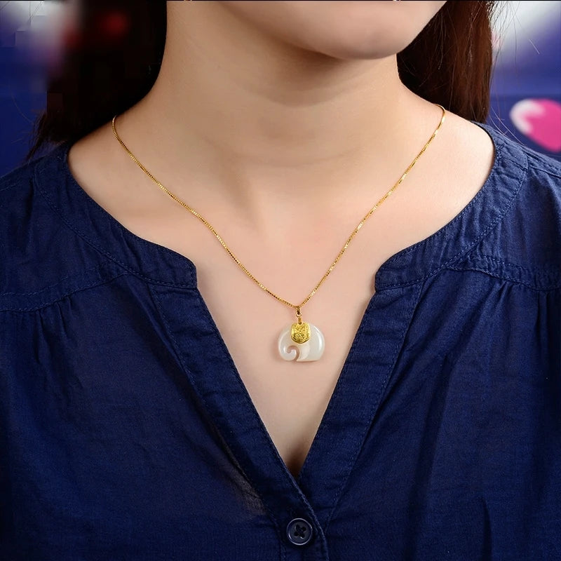 Gold Plated Hetian Jade Elephant Pendant Necklace