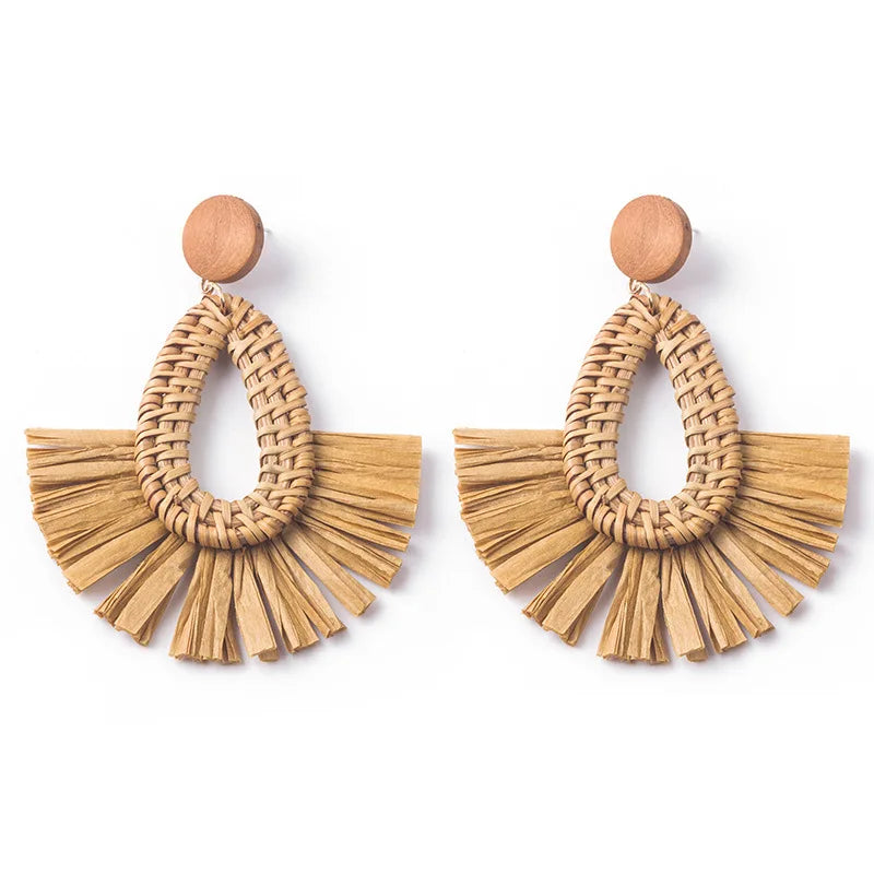 Rattan Raffia Tassel Pendant Earrings