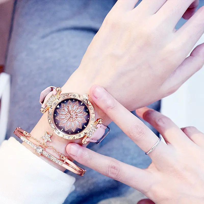 Lucky Flower Luxury Ladies Rhinestone Watches Bracelet Set