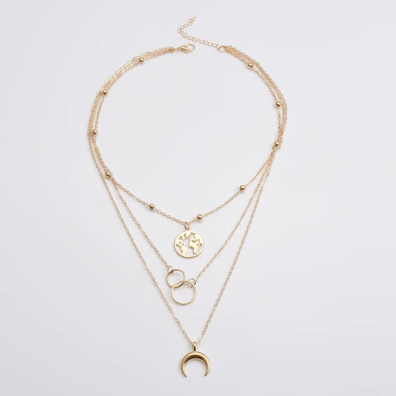 Bohemia Multilayer Moon Gold Color Pendant Necklace