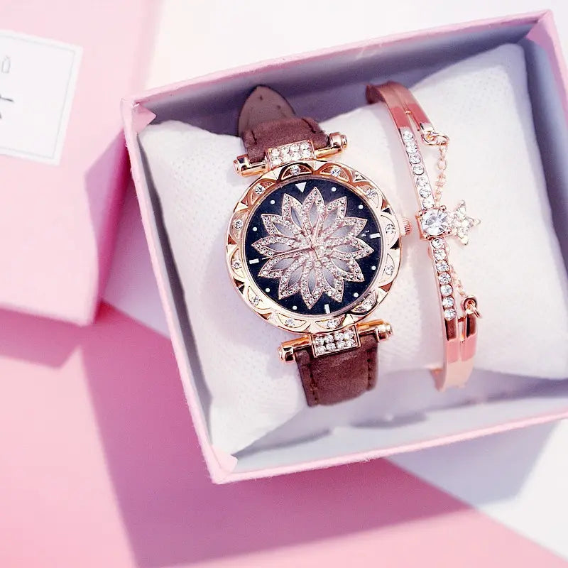 Lucky Flower Luxury Ladies Rhinestone Watches Bracelet Set