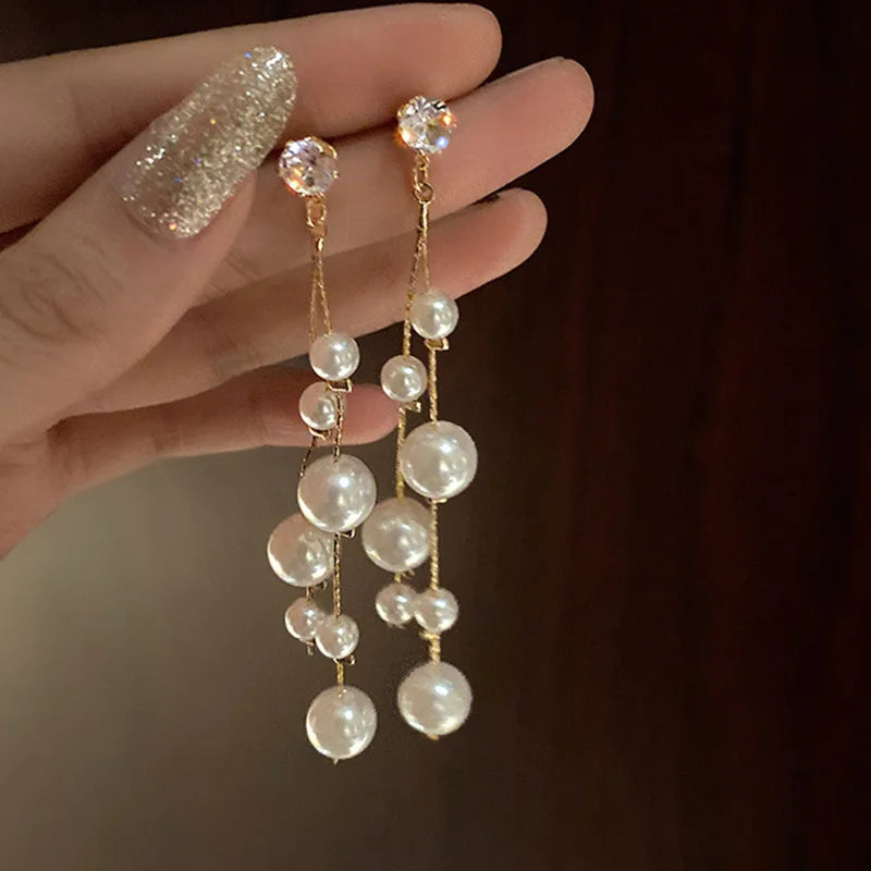 Long Imitation Pearl Tassel Earrings