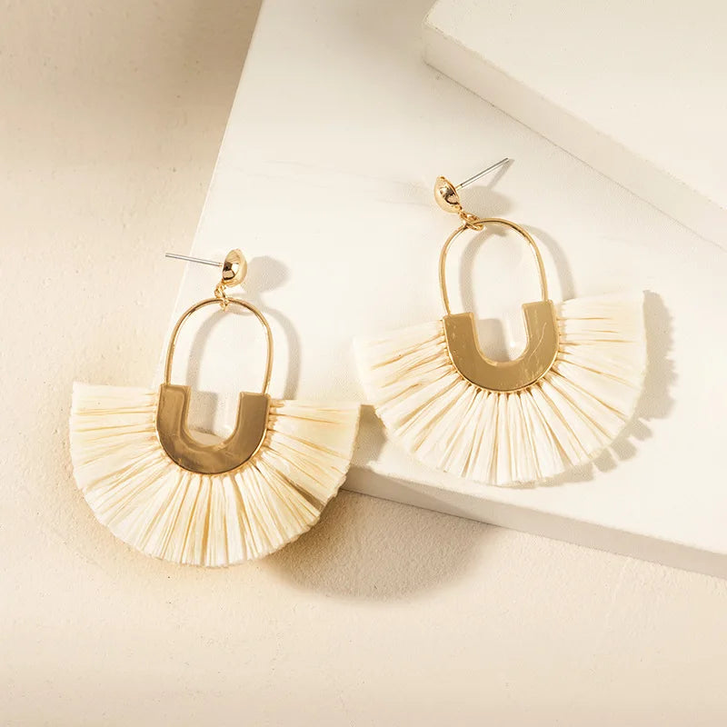 Rattan Raffia Tassel Pendant Earrings