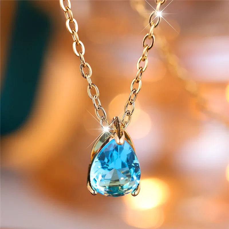 Trendy Blue Water Drop Rhinestones Necklace